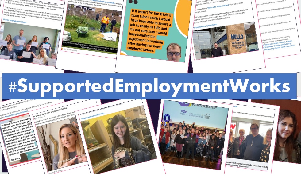 Collection of images in polaroid frames around the words #SupportedEmploymentWorks