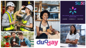 A collage of four photos of people in different workplaces on a white background with the DuoDay, Inclusive Workplaces Week Scotland and SUSE logos.