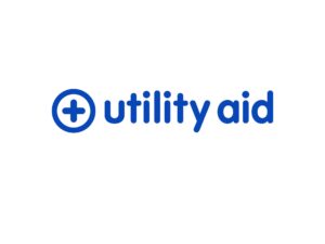 Utility Aid logo, blue text on a white background with a plus sign in a circle.