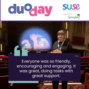 A person stood smiling in an empty theatre. The quote over the image reads, Everyone was so friendly encouraging and engaging. It was great, doing tasks with great support.