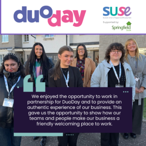 A group of people stood outisde in front of new houses. The quote over the image talks about partnership working and the successes of DuoDay.