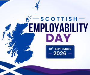 A dark blue map of Scotland on a light blue background with the text Scottish Employability Day 10th September 2026.